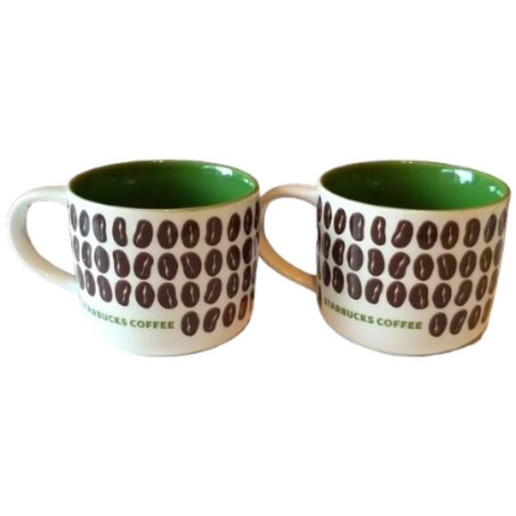 2009 Starbucks New Bone China Collectable Ceramic Coffee Bean Mug Set of 2 - Picture 1 of 5